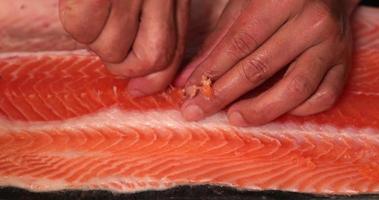 persoon handen Verwijderen pin botten van een rauw Zalm vlees. - dichtbij omhoog schot video