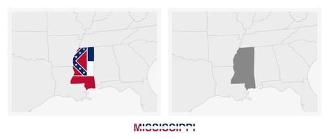 Two versions of the map of US State Mississippi, with the flag of Mississippi and highlighted in dark grey. vector