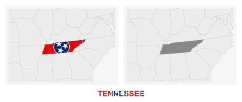Two versions of the map of US State Tennessee, with the flag of Tennessee and highlighted in dark grey. vector