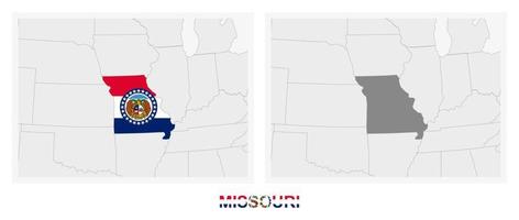 Two versions of the map of US State Missouri, with the flag of Missouri and highlighted in dark grey. vector