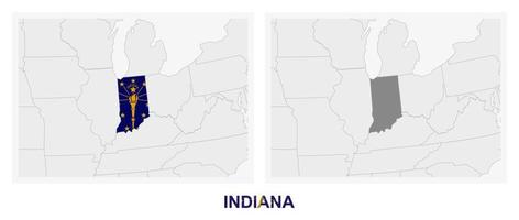 Two versions of the map of US State Indiana, with the flag of Indiana and highlighted in dark grey. vector