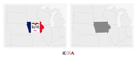 dos versiones del mapa del estado de iowa, con la bandera de iowa y resaltada en gris oscuro. vector