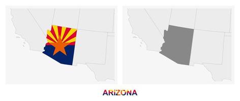 Two versions of the map of US State Arizona, with the flag of Arizona and highlighted in dark grey. vector