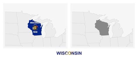 dos versiones del mapa del estado de wisconsin, con la bandera de wisconsin y resaltada en gris oscuro. vector