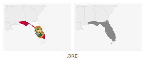 dos versiones del mapa del estado de florida, con la bandera de florida y resaltada en gris oscuro. vector