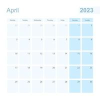 Planificador de pared de abril de 2023 en color azul pastel, la semana comienza el lunes. vector