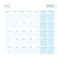 2023 July wall planner in blue pastel color, week starts on Monday. vector