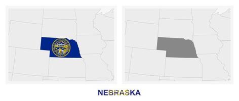 dos versiones del mapa del estado de nebraska, con la bandera de nebraska y resaltada en gris oscuro. vector