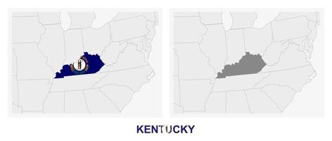 Two versions of the map of US State Kentucky, with the flag of Kentucky and highlighted in dark grey. vector