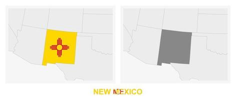 Two versions of the map of US State New Mexico, with the flag of New Mexico and highlighted in dark grey. vector