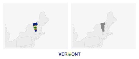 Two versions of the map of US State Vermont, with the flag of Vermont and highlighted in dark grey. vector