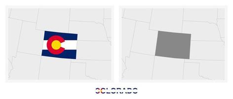 dos versiones del mapa del estado de colorado, con la bandera de colorado y resaltada en gris oscuro. vector