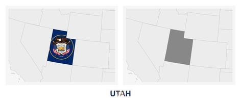 Two versions of the map of US State Utah, with the flag of Utah and highlighted in dark grey. vector