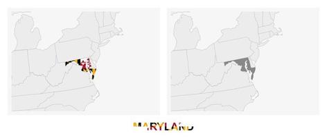 Two versions of the map of US State Maryland, with the flag of Maryland and highlighted in dark grey. vector