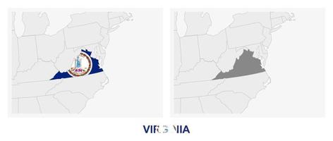 Two versions of the map of US State Virginia, with the flag of Virginia and highlighted in dark grey. vector