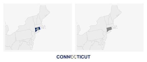 dos versiones del mapa del estado de connecticut, con la bandera de connecticut y resaltada en gris oscuro. vector