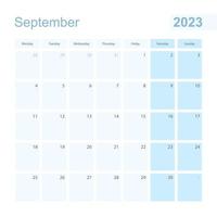 2023 September wall planner in blue pastel color, week starts on Monday. vector