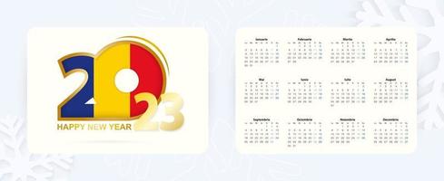 Horizontal Pocket Calendar 2023 in Romanian language. New Year 2023 icon with flag of Romania. vector