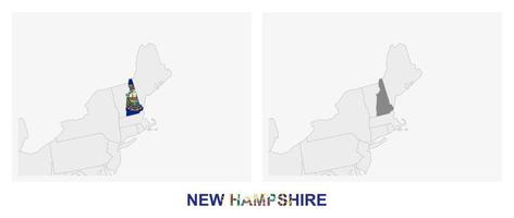 dos versiones del mapa de estados unidos new hampshire, con la bandera de new hampshire y resaltada en gris oscuro. vector