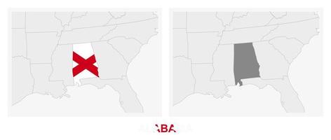 Two versions of the map of US State Alabama, with the flag of Alabama and highlighted in dark grey. vector