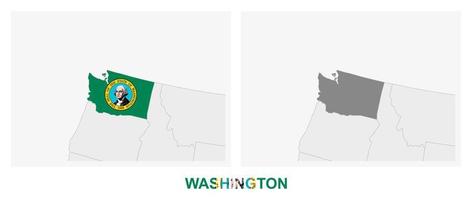 Two versions of the map of US State Washington, with the flag of Washington and highlighted in dark grey. vector