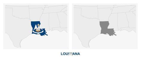 dos versiones del mapa del estado de Luisiana, con la bandera de Luisiana y resaltada en gris oscuro. vector