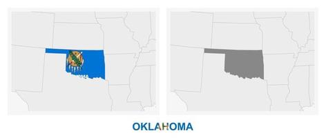 Two versions of the map of US State Oklahoma, with the flag of Oklahoma and highlighted in dark grey. vector