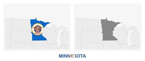 Two versions of the map of US State Minnesota, with the flag of Minnesota and highlighted in dark grey. vector