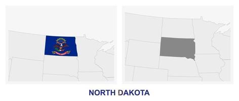 Two versions of the map of US State North Dakota, with the flag of North Dakota and highlighted in dark grey. vector