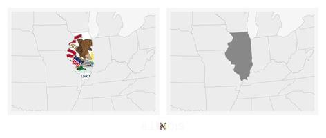 Two versions of the map of US State Illinois, with the flag of Illinois and highlighted in dark grey. vector