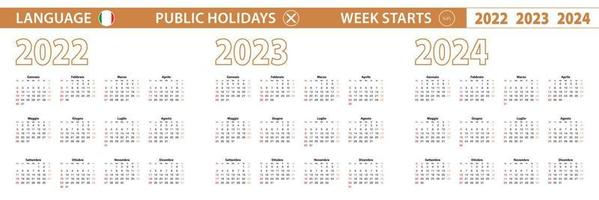 2022, 2023, 2024 year vector calendar in Italian language, week starts on Sunday.
