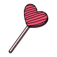 caramelo duro de piruleta dulce en forma de corazón dibujado a mano en una ilustración de vector de palo.