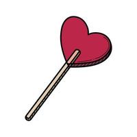 caramelo duro de piruleta dulce en forma de corazón dibujado a mano en una ilustración de vector de palo.