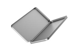 caja de lápices plateada rectangular en el aire volando en una caja blanca de papelería inoxidable en blanco o ilustración 3d aislada png