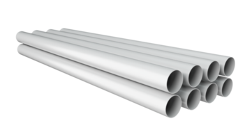 tuyaux en pvc empilés dans un entrepôt. une série de tubes blancs sur une surface noire illustration 3d png