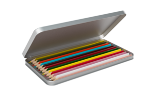 Bleistiftreihe in Regenbogenfarben in offener Aluminiumbox isolierte bunte Buntstifte zum Zeichnen des Konzepts zurück zur Schule 3D-Illustration png