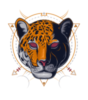Farbporträt des Jaguars, der sich auf einem Hintergrund der heiligen Geometrie freut png