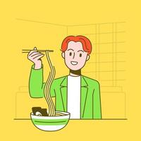 joven disfrutando de sus fideos ramen con palillos. vector