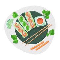 Top view of spring rolls with vegetables, sauce and shrimp vector