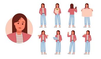 Young woman in jeans and pink cardigan in different poses set. vector