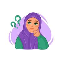 Young arab woman wearing hijab thinking and looking up expressing doubt and wonder