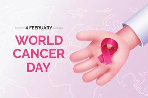 World cancer day, hand with ribbon, 3D vector illustration