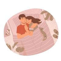 pareja romántica acostada en la cama y abrazándose. vista superior. vector