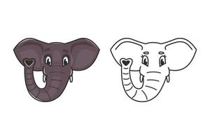 cabeza de elefante de dibujos animados en color y línea vector