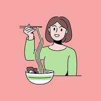 chica disfrutando de sus fideos ramen con palillos. vector