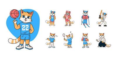 Cartoon sports children's set. Cat play basketball, rugby, golf, badminton, baseball, boxing, swims and skis. vector