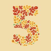 Number 5, folk floral number with leaves and branches, hand drawn illustration vector