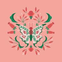 Butterfly and folk floral ornament with flowers, leaves and branches vector