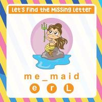 Missing letter worksheet. Complete the letters activity. Kids educational game. Writing practice. Vector file.