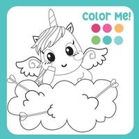 Color me worksheet for children. Coloring page activity. Cute unicorn illustration. Vector file.